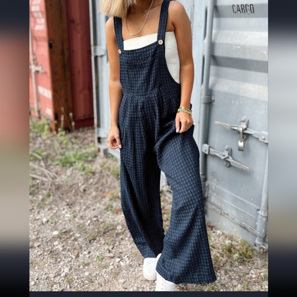 Boutique Blue & Black Checkered Overalls